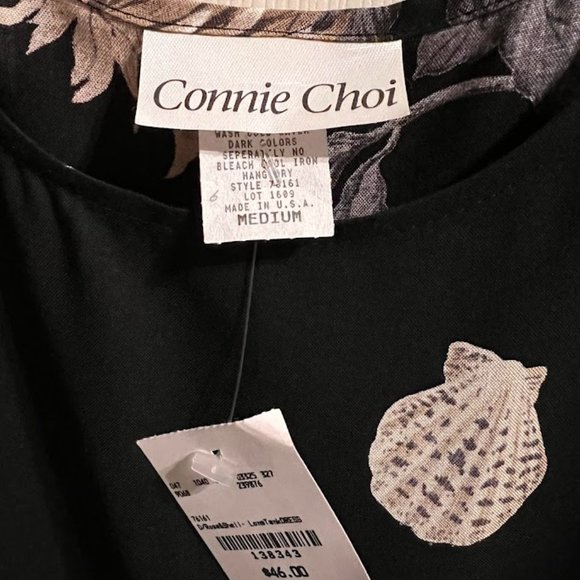 NWT Size M Connie Choi Vintage Black Shift Dress - White Flowers & Seashells - Picture 3 of 3
